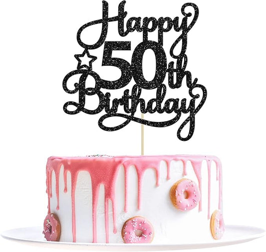 1 Pack Happy 50th Birthday Cake Topper Black Glitter 50 & Fabulous Cheers to 50 Years Old 50th Birthday Cake Pick for Celebrating 50th Birthday Anniversary Party Cake Decorations Supplies