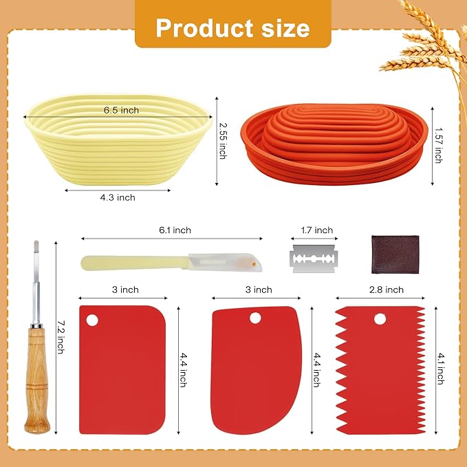 Silicone Banneton, Sourdough Bread Baskets (Set of 6, 6.5 Inch), Oval Proofing Bread Bowls with Starter Kit, Bread Making Baking Supplies