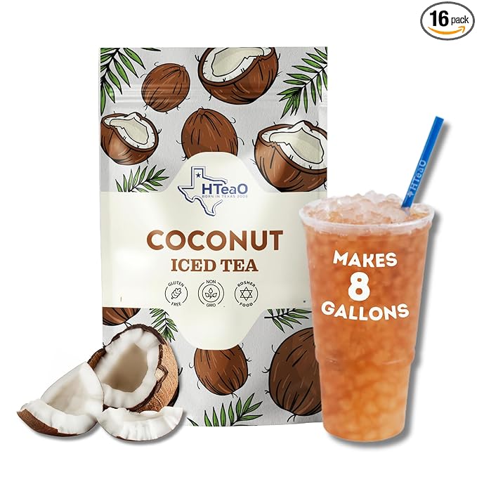 HTeaO Coconut Black Tea – Texas-Style Flavored Iced Tea Bags for Summer – Instant Ice Tea Packets for Quick Brew - Loaded Tea Sachets Ready in 5 Minutes (16-Count, Makes 8 Gallons Total)