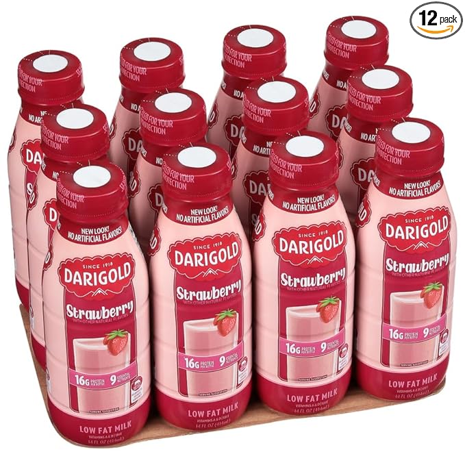 Darigold 1 Percent Milk, Reduced Fat Shelf Stable Milk with 9 Essential Nutrients, 16g Protein, rsBT Free - 14oz, 12 Pack (Strawberry)