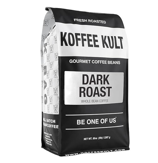 Koffee Kult Dark Roast Whole Bean Coffee 100% Arabica Coffee Beans, Gourmet Artisan Blend with Chocolate & Cinnamon Notes - 80oz Resealable Bag