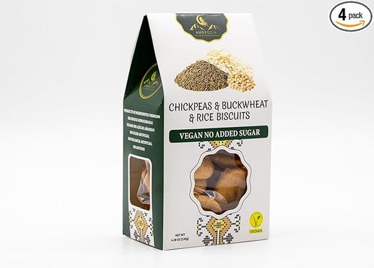 Ambrozia Vegan Snack Biscuits ??Chickpeas, Buckwheat &Rice - Soft Baked, No Added Sugar, Clean Label, High Fiber & Wholesome Ingredients, Kid-Friendly, Healthy Snacks for Active Lifestyles, 4 x 4.58Oz