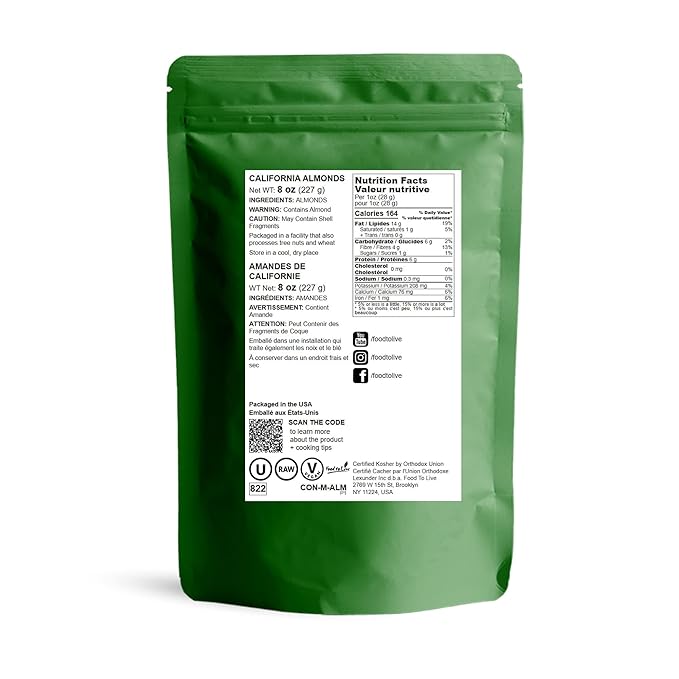 Food to Live California Almonds, 8 Ounces – Supreme, Whole, Raw, Unsalted, Unroasted Nuts, Natural