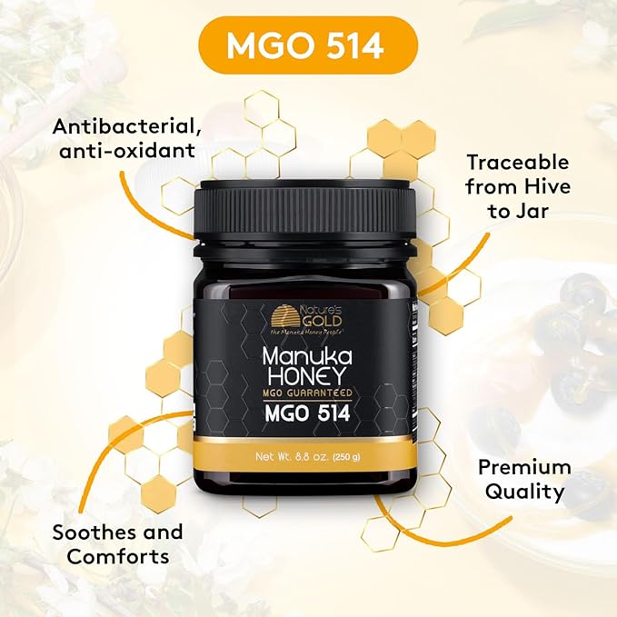 Nature’s Gold Raw Manuka Honey, MGO 514+ | Authentic MGO, Australian Honey, Non-GMO, 100% Pure Genuine Traceable from Hive to Home