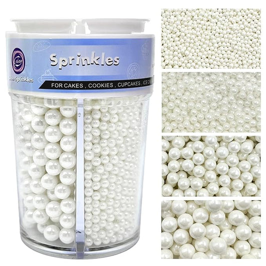 Sprinkles for Cake Decorating, White Pearl Sprinkles 4 Sizes Mix for Cake Cupcake Cookie Baking Donuts Ice Cream Toppings