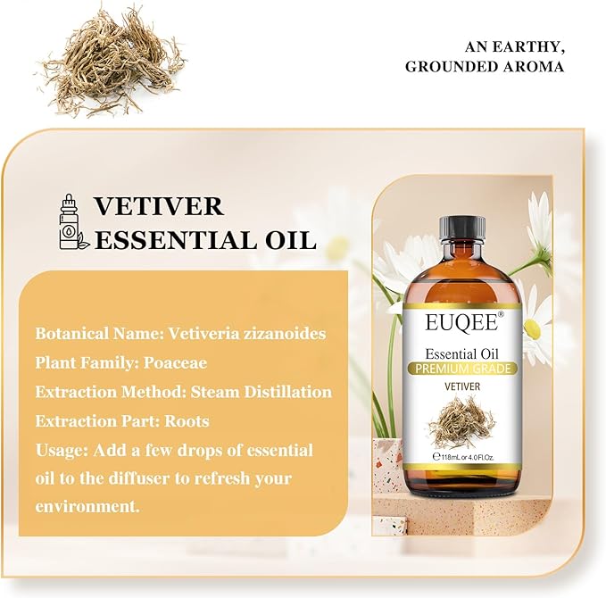 Vetiver Essential Oil 4oz/118ML Large Bottle Vetiver Oil Premium Essential Oil for Candle Making, Humidifier, Diffusers - with Glass Dropper