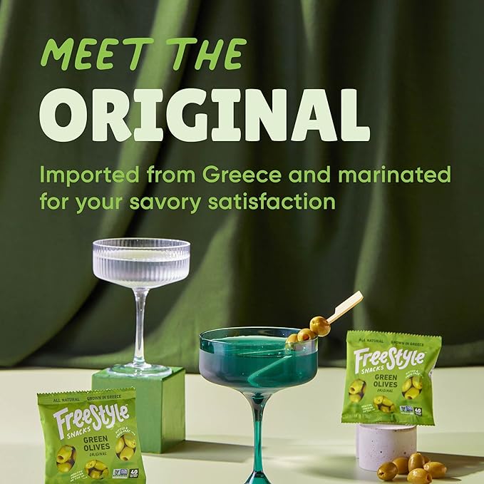 Freestyle Snacks Olive Snack Packs - Single Serve - Fresh Pitted Green Olives, Jumbo-Sized, Grown in Greece, All Natural, Non-GMO, Paleo, Sugar-Free, Keto, Salty Snack - Variety, 1.1oz (24 Pack)