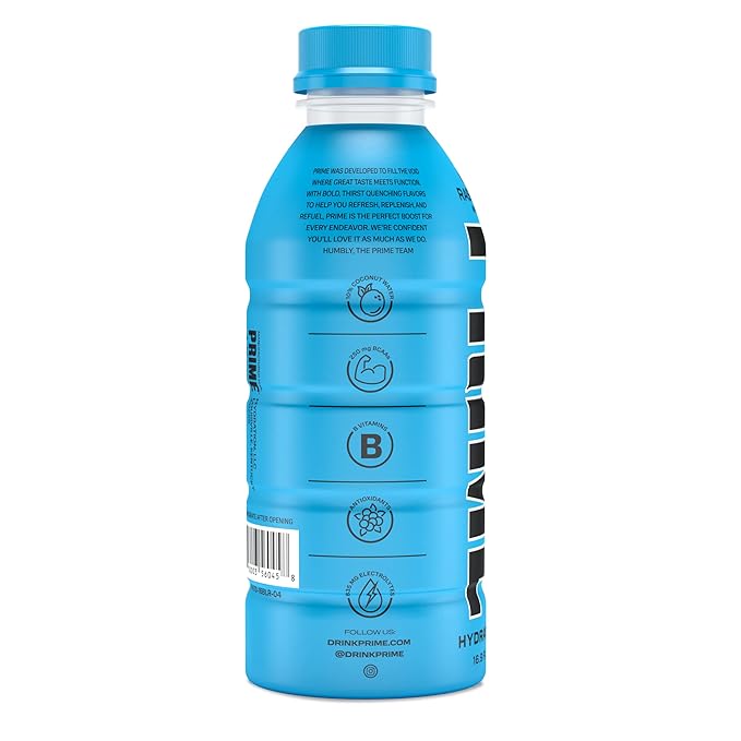 PRIME Hydration BLUE RASPBERRY, Sports Drinks, Electrolyte Enhanced for Replenishing Fluids, 250mg BCAAs, B Vitamins, Antioxidants, Low Sugar, 16.9 Fl Oz, 12 Pack