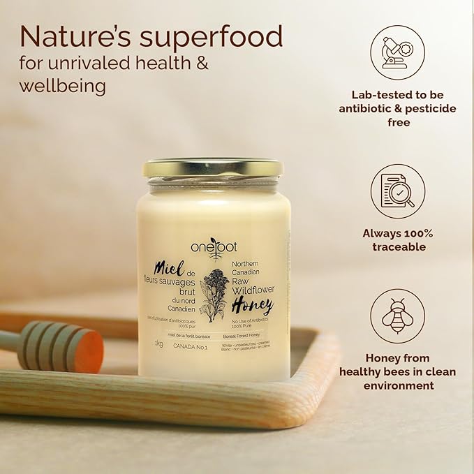 Oneroot 100% Canadian Flower Honey - 1kg / 2.2lbs, Honey Wildflower Unfiltered, Unheated & Creamed, Nutrient Rich Raw Wildflower With Enzymes, Thick Natural Sweetener