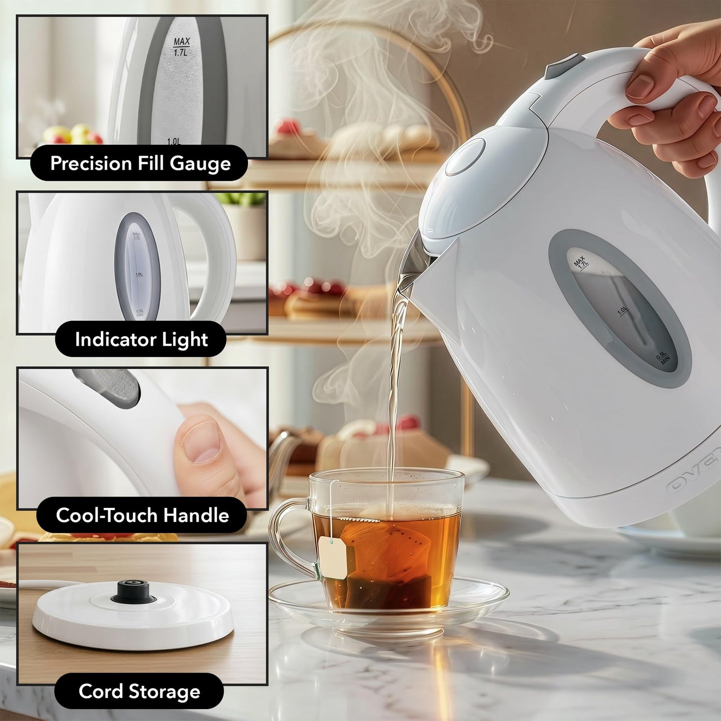 OVENTE 1.7L Electric Kettle with 1100W Fast Boiling Water, White KP72W