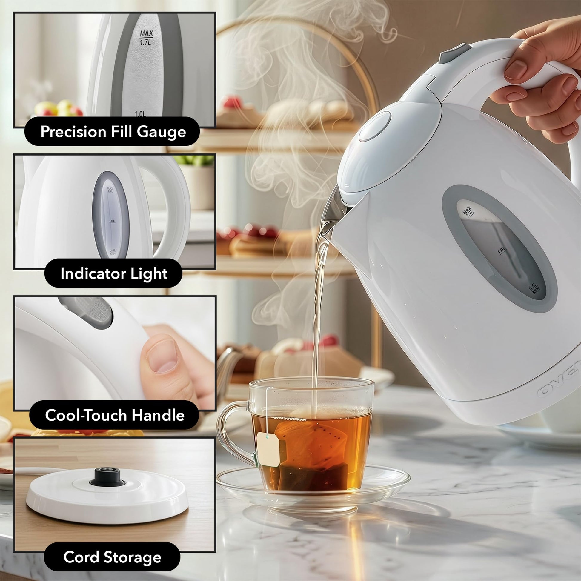 OVENTE 1.7L Electric Kettle with 1100W Fast Boiling Water, White KP72W