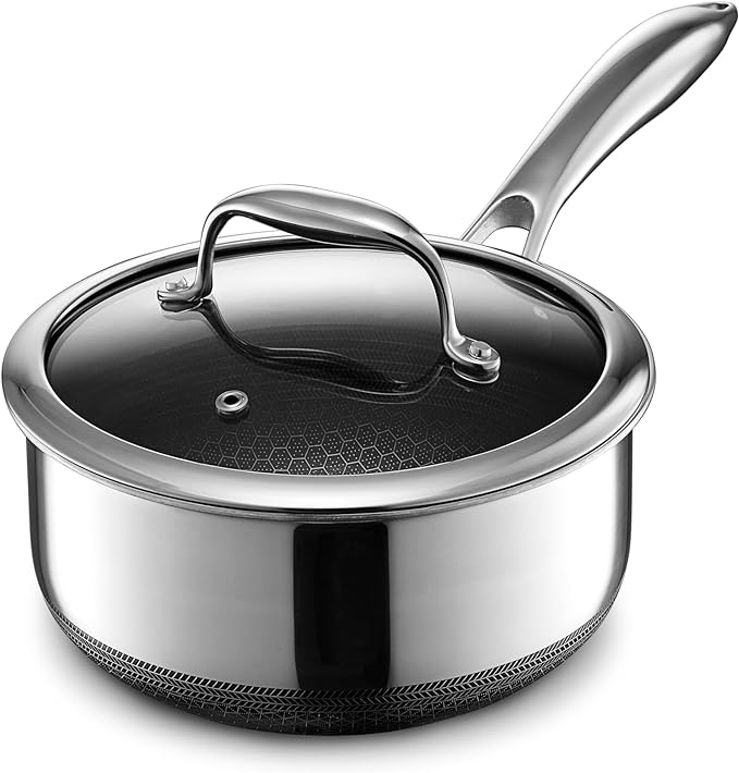HexClad Hybrid Nonstick 2-Quart Saucepan with Tempered Glass Lid, Stay-Cool Handle
