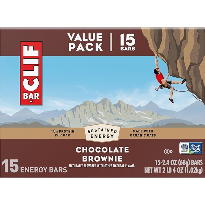 CLIF BAR - Chocolate Brownie Flavor - Made with Organic Oats - Energy Bars - Non-GMO - Plant Based Protein Bars (15 Pack)