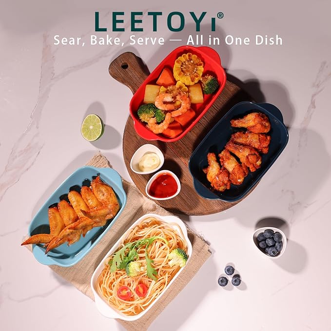 LEETOYI Ceramic Small Baking Dish 7.5-Inch Set of 4, Rectangular Bakeware with Double Handle, Baking Pans for Cooking and Cake Dinner (White)