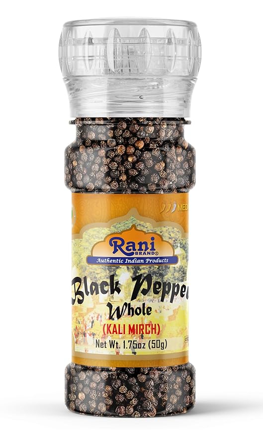 Rani Black Pepper Whole (Peppercorns), Premium MG-1 Grade 1.8oz (51g) Grinder Bottle ~ All Natural | Gluten Friendly | Non-GMO | Kosher | Product of Vietnam | Perfect size for Grinders!