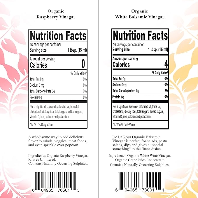 De la Rosa Organic Raspberry & White Balsamic Vinegar, Vegan, Kosher, Non-GMO & Gluten Free, Great for Salad Dressings, Marinades & More 8.45 Oz (Pack of 2)