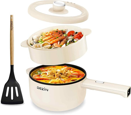 Dezin Electric Cooker, 2L Non-Stick Saut챕 Pan, Rapid Noodles Cooker, Mini Pot for Steak, Egg, Fried Rice, Ramen, Oatmeal, Soup with Power Adjustment, College Dorm Room Essential(Egg Rack Included)