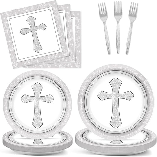 96Pcs Baptism Cross Plates and Napkins First Holy Communion Birthday Party Decorations Gray Religious Christening Ceremony Dessert Plates Tableware Set for 24 Guests Cross Baptism Party Supplies