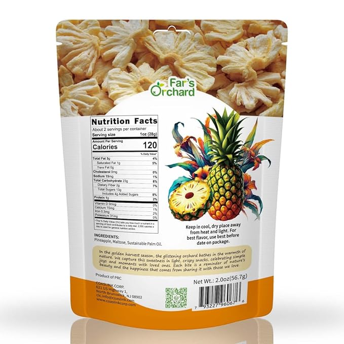 Far???츾rchard Pineapple?츮hips ??4?츿ack (2?칚z Resealable Bags), Sweet & Tangy Crunchy Fruit Snack, Vegan, Non GMO, No Additives