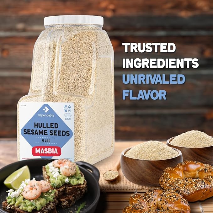 Dependable Food Hulled Sesame Seeds - 6 LB. Jar - Kosher, Raw, White Sesame Seeds Bulk - Great for Tahini - Ideal for Chefs, Restaurants & Culinary Enthusiasts - Non GMO- Natural Sesame Seed