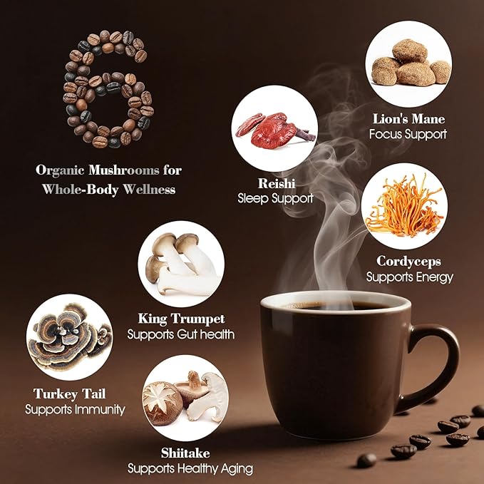 Organic Mushroom Coffee for Energy, Focus, Immunity & Digestion ??Instant Coffee & 6 Mushrooms: Cordyceps, Reishi, King Trumpet, Shiitake, Turkey Tail & Lion?™s Mane (1 Count (Pack of 1), 30 Servings-Dark Roast)