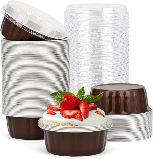 Beasea 8oz Disposable Ramekins, 100 Pack Aluminum Foil Cups with Lids, Baking Ramekin Cup Souffle Cup Muffin Cupcake Baking Cup Mini Pudding Cups for Party Wedding Birthday - Coffee Brown