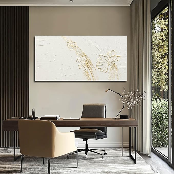 VAYIMDH Office Wall Art Flower Wall Decor Line Wall Painting 24"x48" Gold and White Canvas Paintings Wall Decorations for Bedroom