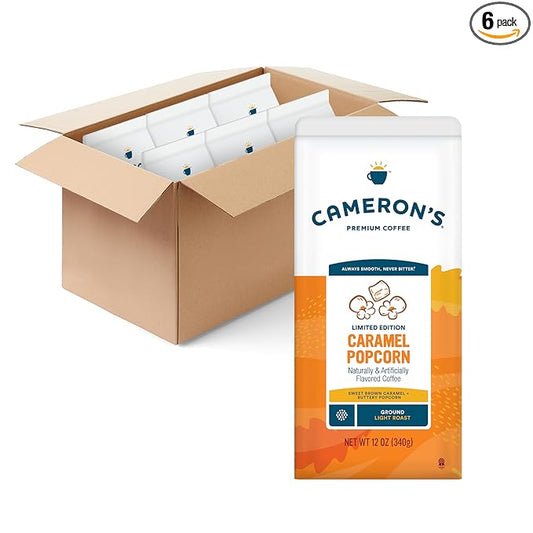Cameron's Coffee Roasted Ground Coffee Bag, Caramel Popcorn, Smooth Flavored Coffee, Sustainable, Small-batch Roasted, 12 Ounce (Pack of 6)