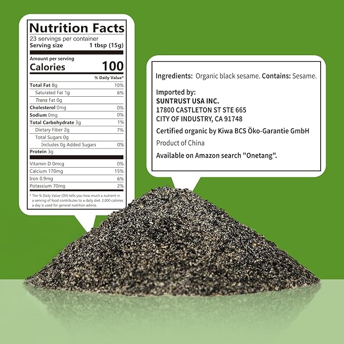 ONETANG Organic Black Sesame Powder,Plant Based,Gluten-Free,Vegan,Protein Source No Sugar,Low Temp Roasted,Halal,Non-GMO,Black Sesame Paste 12.36 Oz (350g)