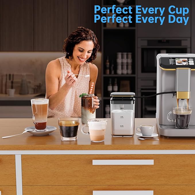 Super Automatic Espresso Machine 20 Bar with Grinder, One Touch Recipes & Automatic Milk Frother, 1350W Compact Bean to Cup Coffee Maker with TFT Touchscreen for Home Barista, Silver & Gold