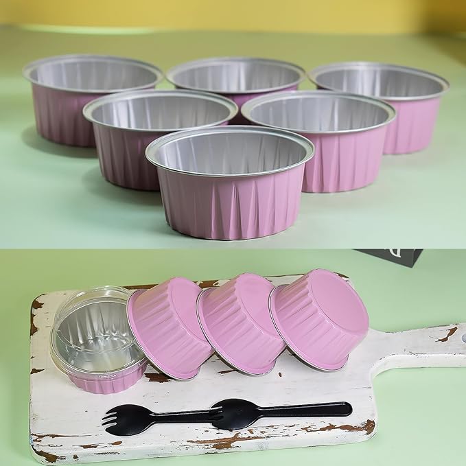 60 Pcs Mini Cake Pans with Lids,5oz Aluminum Foil Baking Cups Round Mini Disposable Ramekins 125ml Muffin Tin Ramekins Brownie Baking Cups, Dessert Cupcake Cups for Wedding Birthday Party(Pink)
