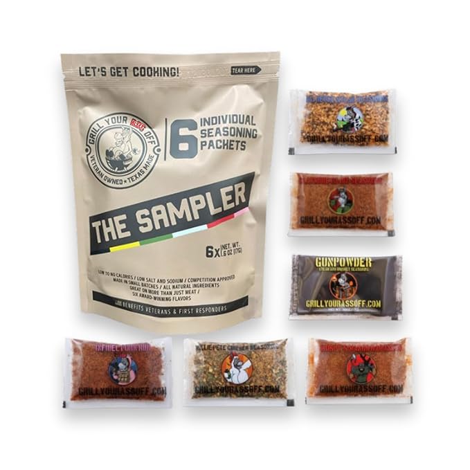 Grill Your As* Off Sample Pack Spices and Seasonings - (6 Pack) BBQ & Grill Seasoning for Beef, Steak, Burgers, Pork & Chicken - MSG & Gluten Free BBQ Rub & Steak Seasoning - USA Made & Veteran Owned