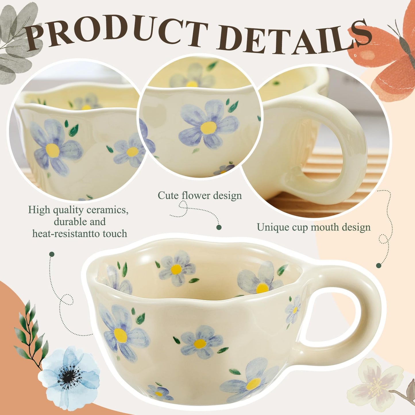 Vesici 4 Set Ceramic Coffee Mug Set with Saucer and Spoon Cute Mothers Day Gifts for Mom 8.5 oz
