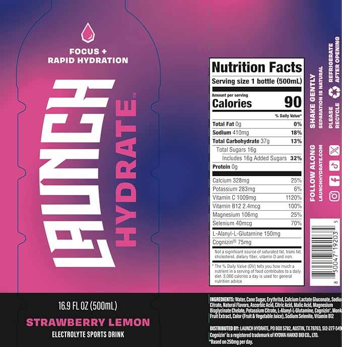 Sports Drink- 12 Pack - Real Cane Sugar 3x Electrolytes, All-Natural Hydration with Cognizin for Mental Focus, Real Fruit & Vegetable Juice, No Artificial Dyes ??Strawberry Lemon Flavor ??Trusted by Perfect Game