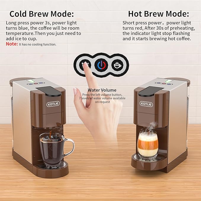 KOTLIE 5in1 Espresso Machine, Single Serve Coffee Maker for NES* Original/KEU* K*cup/D*olce G*usto/Ground Coffee/illy 44mm ESE, Cold&Hot Brew, Level 7 watervolume, 19Bar, 1450W Coffee Machine