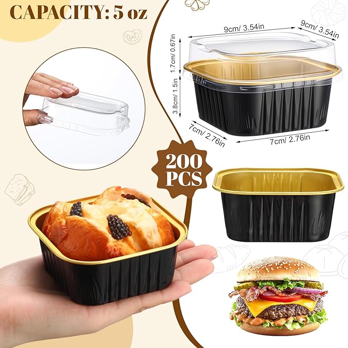 200 Pack 5 oz Square Baking Cups with Lids Aluminum Foil Mini Cake Pans with Lids Disposable Ramekins Tins Dessert Containers Cupcake Pans for Pudding Souffle Wedding Birthday Party Picnic