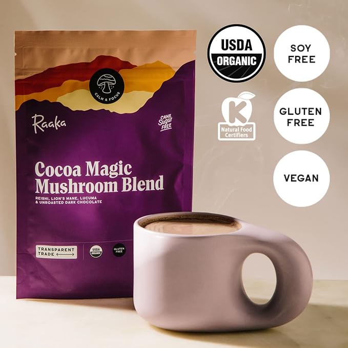 Raaka Cocoa Magic Mushroom Hot Chocolate Blend with Lion?™s Mane, Reishi and Lucuma - Gourmet Adaptogenic Mushroom Hot Chocolate - Organic, Vegan, Low Sugar, Gluten Free, Kosher - 5 oz. Bag (8 Servings)