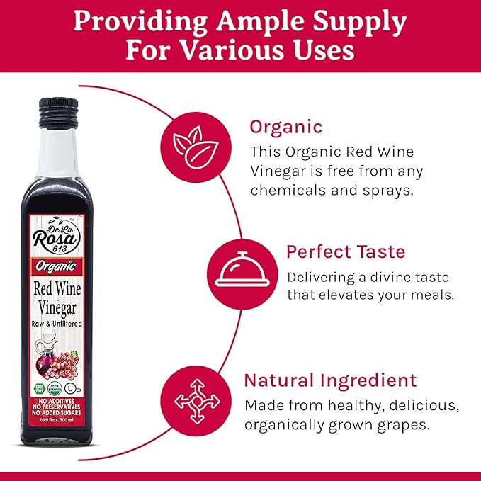 De La Rosa Red Wine Vinegar Organic, Raw & Unfiltered, Kosher for Passover, Vegan, Non-GMO & Gluten Free, Great for Salad Dressings, Marinades & More, Organic Red Wine Vinegar, 16.9 Oz (Pack of 2)
