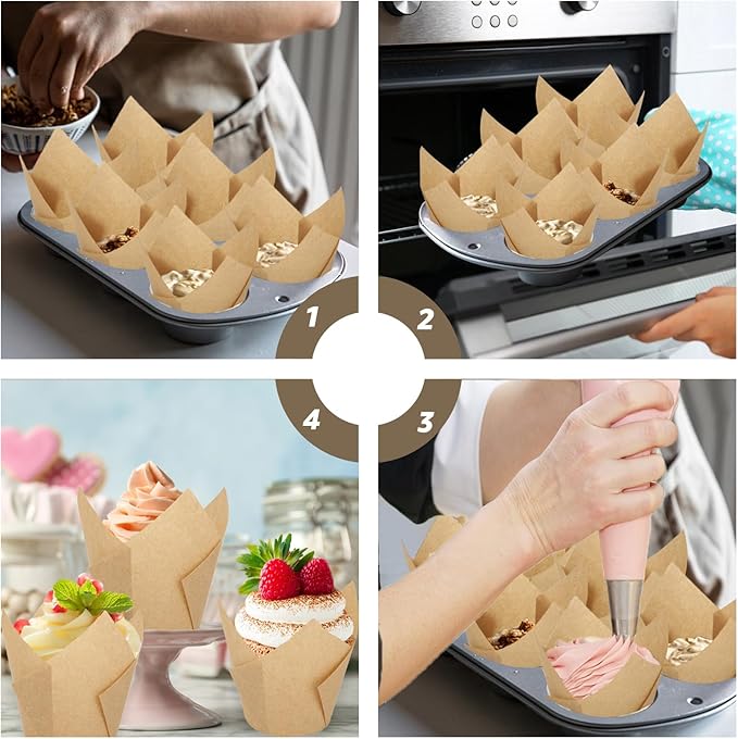 400 PCS Tulip Cupcake Liners Muffin Paper Baking Cups Parchment Paper Muffin Liners Holders Greaseproof Cupcake Wrapper for Party Wedding Birthday Parties Banquets, Natural