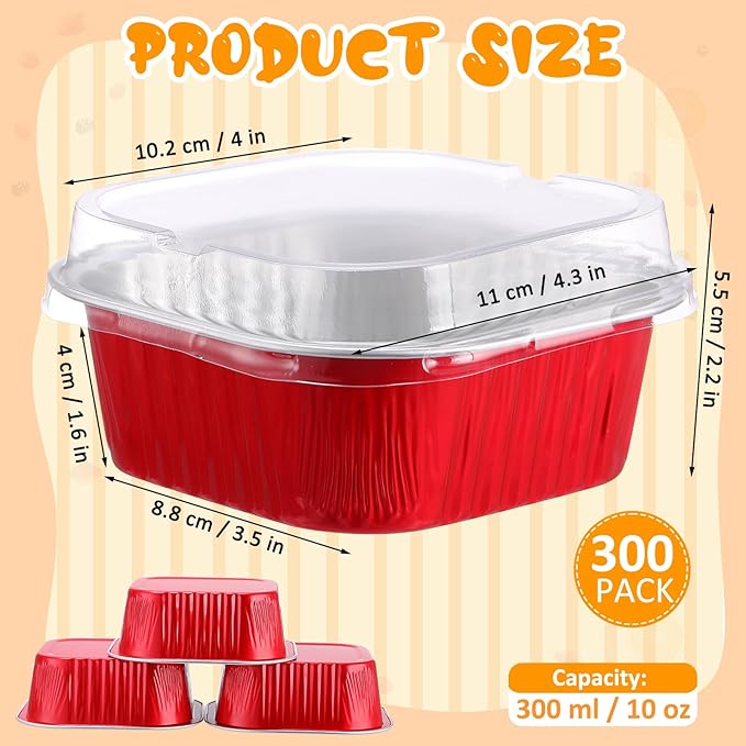Aoriher 300 Pieces 10 oz Mini Cake Pans with Lids, Aluminum Foil Baking Cups, Square Disposable Cupcake Cups Baking Tins for Wedding Birthday Party Supplies(Red)
