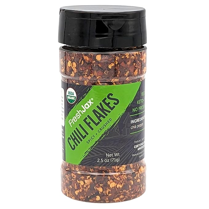 FreshJax Organic Smoked Red Chili Flakes (2.5 oz Bottle) Non GMO, Gluten Free, Keto, Paleo, No Preservatives Crushed Red Chili Pepper Flakes | Handcrafted in Jacksonville, Florida