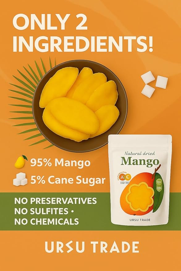 Soft & Juicy Dried Mango Slices – Naturally Sweet, Low Sugar Healthy Snack – Vegan, Gluten-Free, Non-GMO, Rich in Fiber & Vitamins A & C – 8oz (226g)