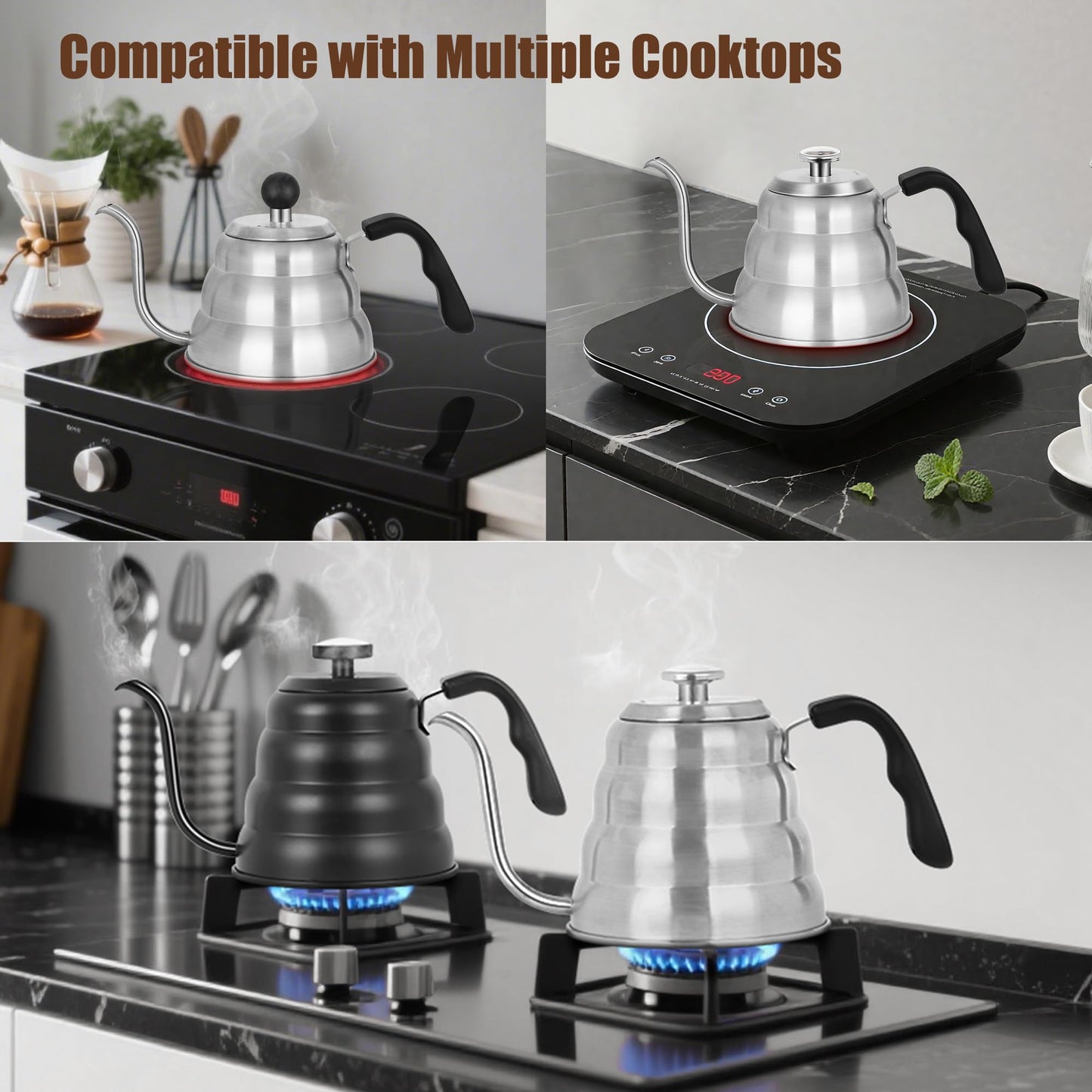Tea Kettle For Stovetop,Silver,Gooseneck Coffee Pot with Thermometer,40oz