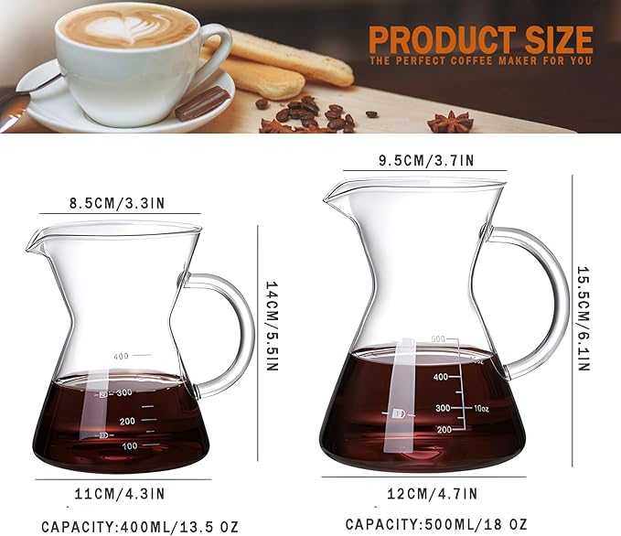Pour Over Coffee Maker with Reusable Stainless Steel Drip Filter, Glass Drip Coffee Maker Set, Lead-Free Borosilicate Glass Coffee Carafe for 1-2Cup, Clear (400ml/13.5oz)
