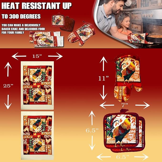 Lobyn Value Packs: Decorative & Functional Rustic Rooster Kitchen Set ??5 Pieces, Perfect for Farmhouse D챕cor Set includes 2 Dish Towel 2 Pot Holders 1 Oven Mitt | Kitchen Towel Set for Daily Use
