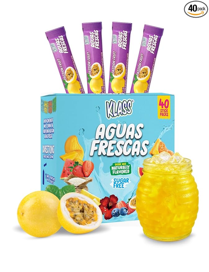 Klass Aguas Frescas | Drink Mix Packets | Passionfruit Flavored | Sugar Free On-The-Go Packets, Low Calorie (40 Count Powder Stick Packs)
