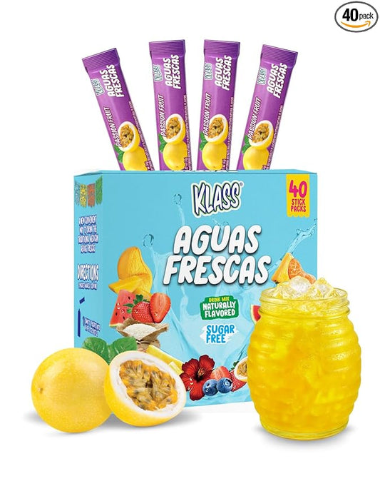 Klass Aguas Frescas | Drink Mix Packets | Passionfruit Flavored | Sugar Free On-The-Go Packets, Low Calorie (40 Count Powder Stick Packs)