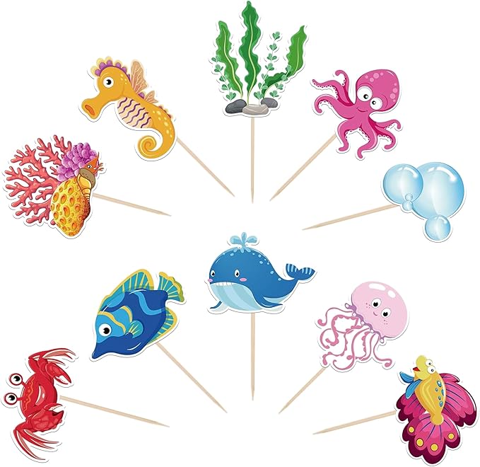 40 Pack Marine Animal Cupcake Toppers Glitter Starfish Hippocampus Seaweed Ocean Sea Animal Creature Marine Cupcake Picks Kids Birthday Baby Shower Summer Cake Decorations Style 1