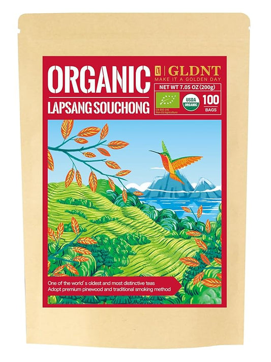 GLDNT Organic Lapsang Souchong Tea Bags, Organic Smoked Black Tea, Caffeinated, Full-Bodied Taste, Hot & Iced Tea, 100 Count