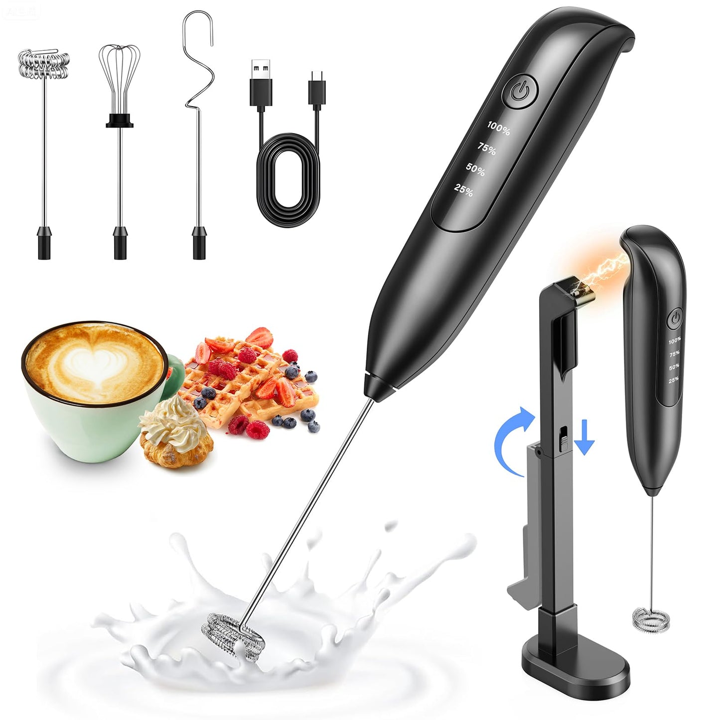 yidianideals Electric Milk Frother: LED&Wireless Charging, 3 Heads 3 Speeds